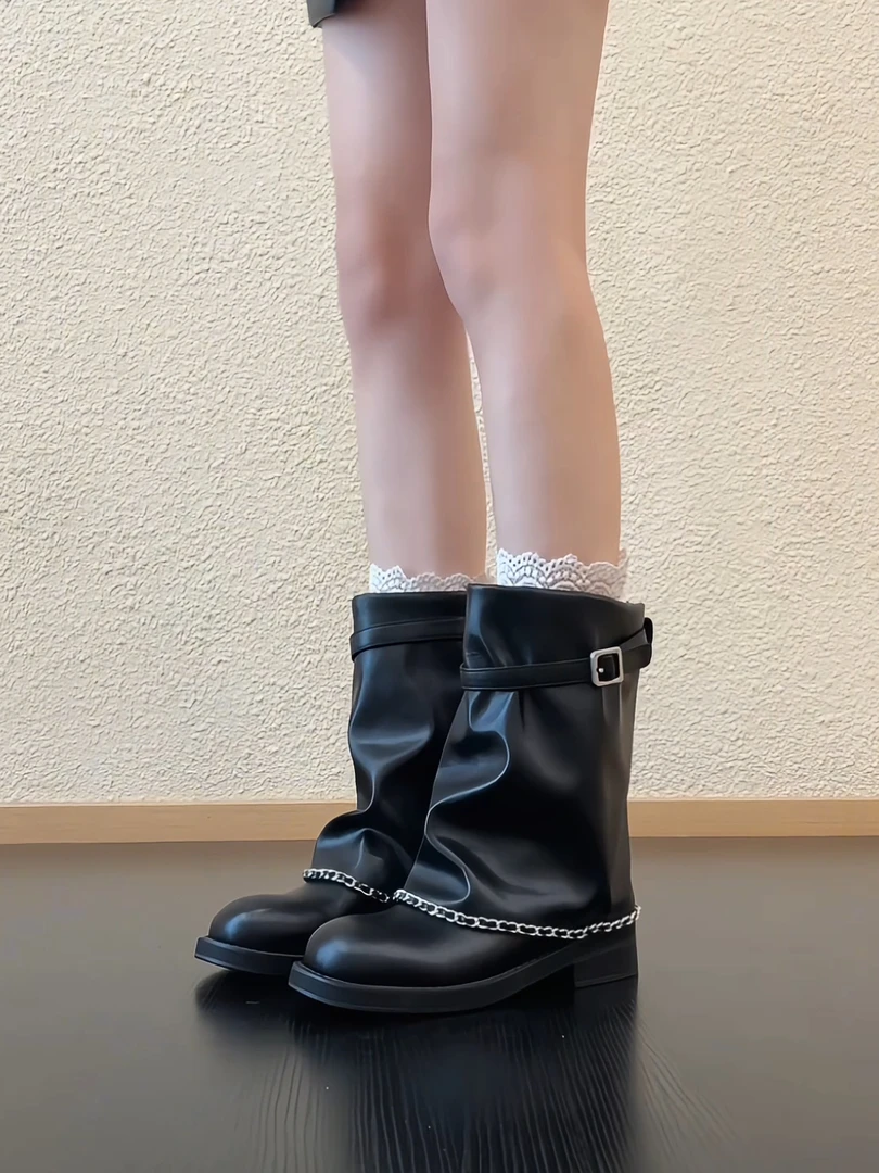 Elingjk/3cm粗跟黑色长靴高筒时装靴秋冬圆头短靴马丁靴厚底中筒