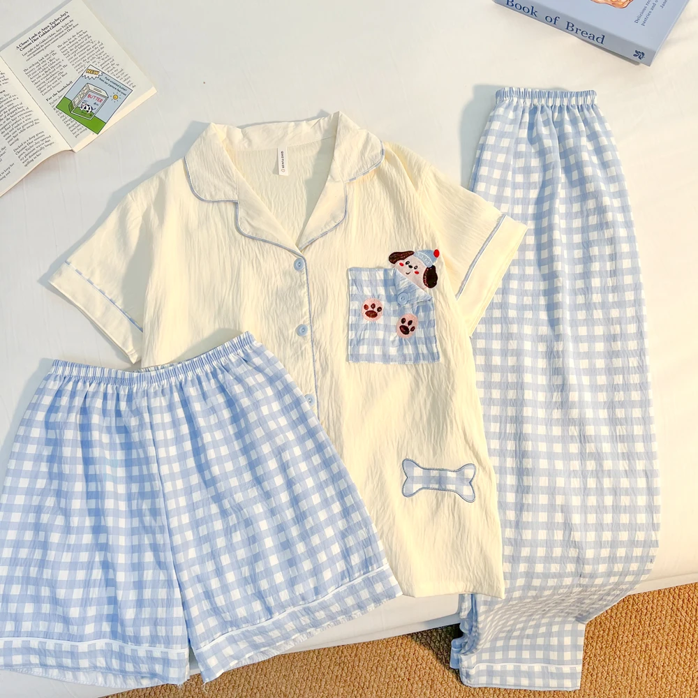 夏天套装夏季家居服美短袖短裤三件套甜宽松翻领睡衣女可外穿夏款