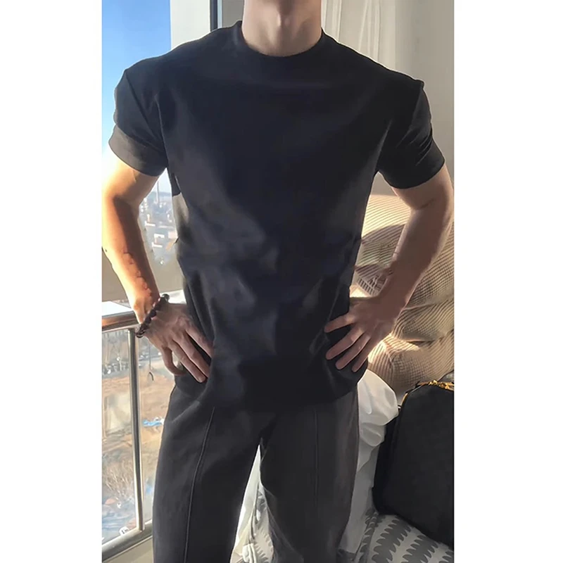 黑色显肩宽收紧袖口短袖男款夏季修身弹力重磅t恤健身运动半袖