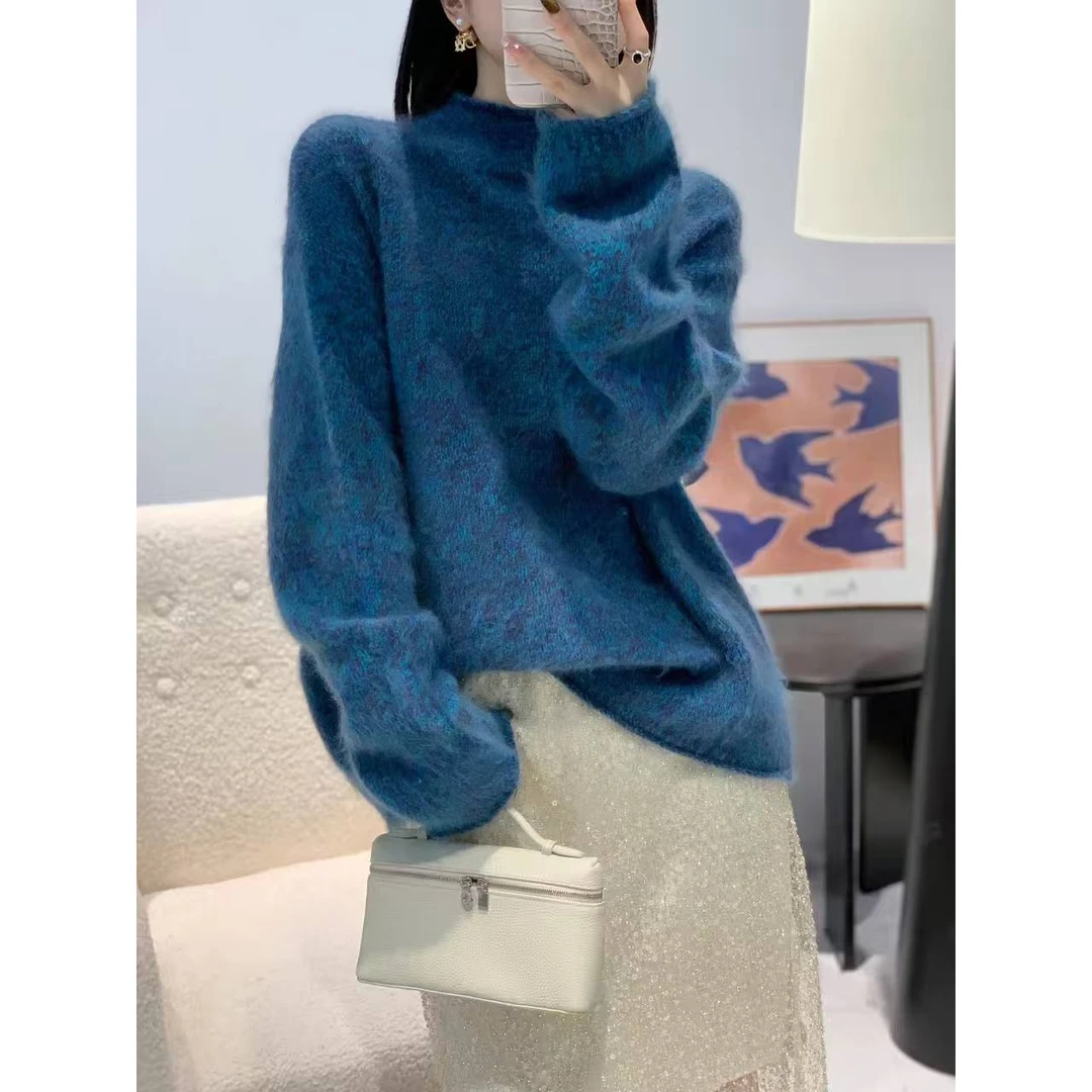【蓝眼泪】羊绒拉绒花纱毛衣千金感半高领秋冬加厚百搭韩版宽松毛衣