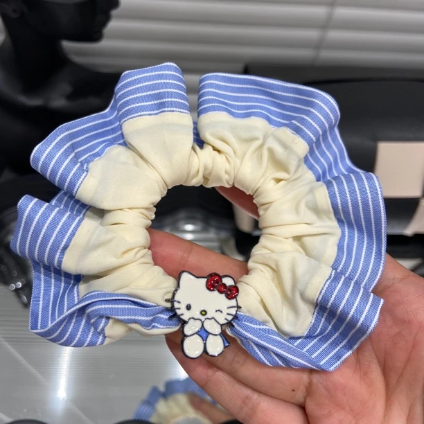 E4508猫咪珠珠撞色褶皱肥肠圈藏蓝色显白高级感少女原创发圈头饰