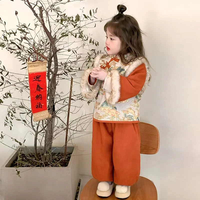 加绒加厚女宝宝套装冬季女宝喜庆橘色拜年服加厚中国风