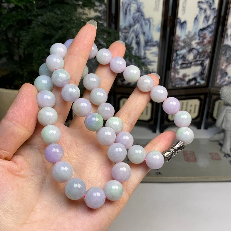 紫罗兰飘绿春彩圆珠项链手串 天然翡翠A货