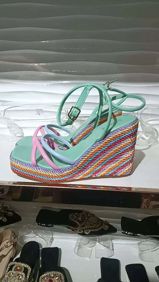 防水台超高跟拼色欧美风时装凉鞋夏季高跟鞋时装平底