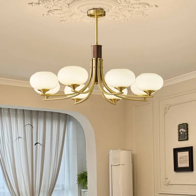 中古柿子客厅吊灯法式奶油风玻璃卧室灯胡桃木复古美式全铜书房灯