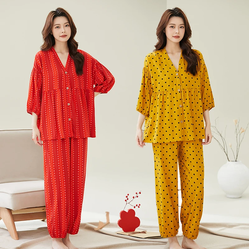 2025新款时尚七分袖大码两件套女士春夏季宽松薄款睡衣套装家居服