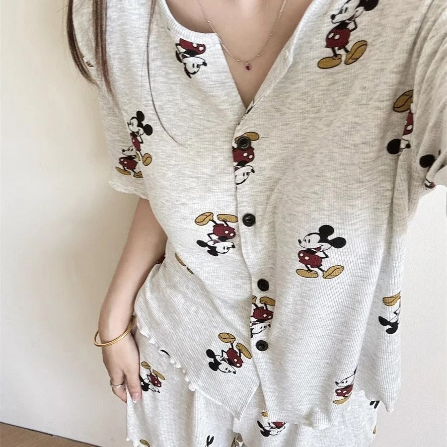 少女韩版卡通米奇冰丝螺纹短袖睡衣女夏季新款可外穿家居服三件套