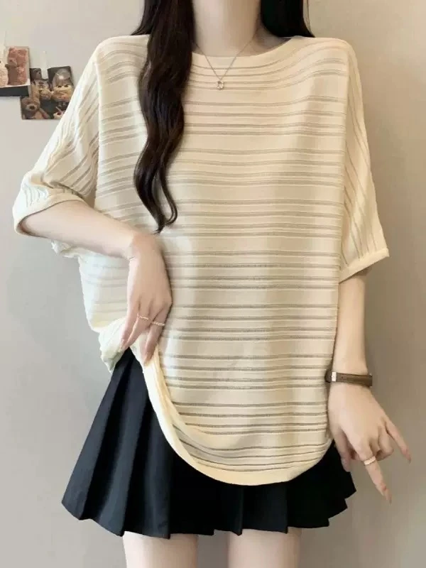 2025夏季新款宽松灯笼袖镂空透气针织衫女显瘦纯色上衣