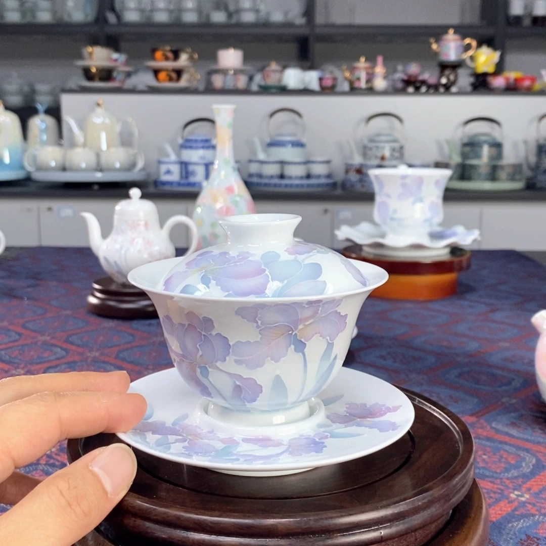 鸢尾花盖碗釉下手绘高温