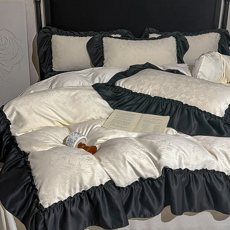 法式满版立体提花水洗冰丝四件套四季款公主风花边被套床单床笠款