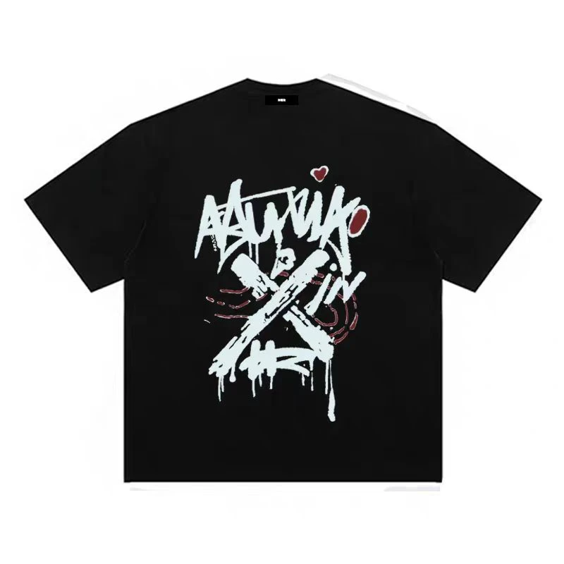 特大码300斤复古潮流街头字母图案印花宽松短袖T恤青少年男夏上衣