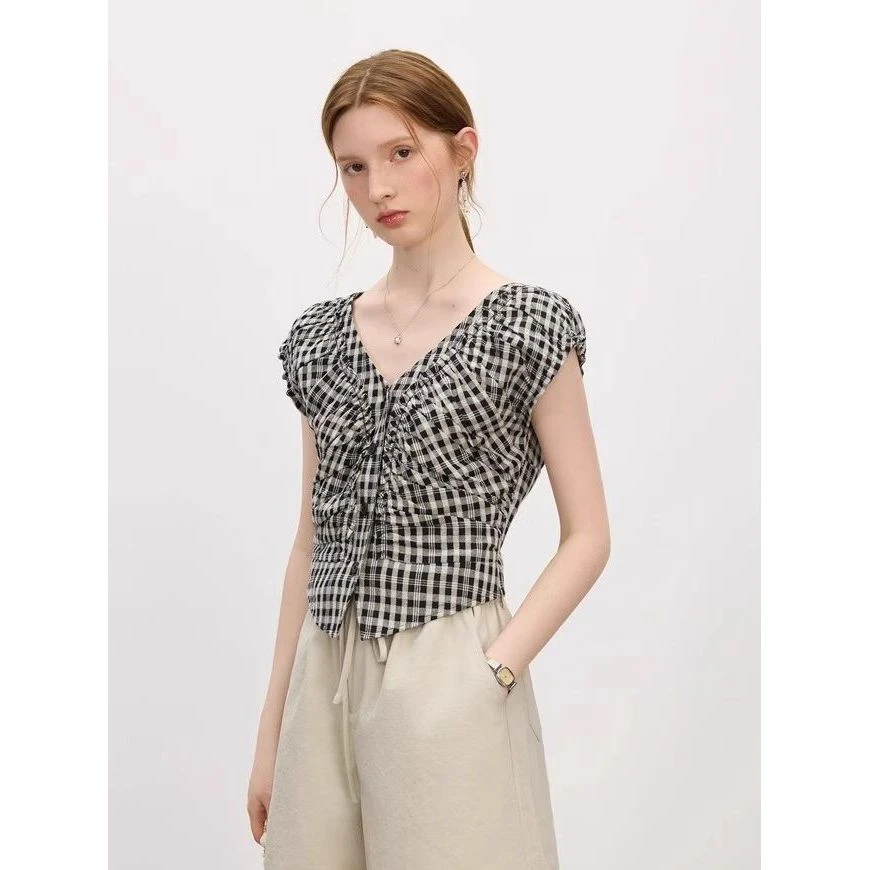 法式休闲复古网红格子无袖洋气衬衫衬衣2025夏季新款百搭修身上衣