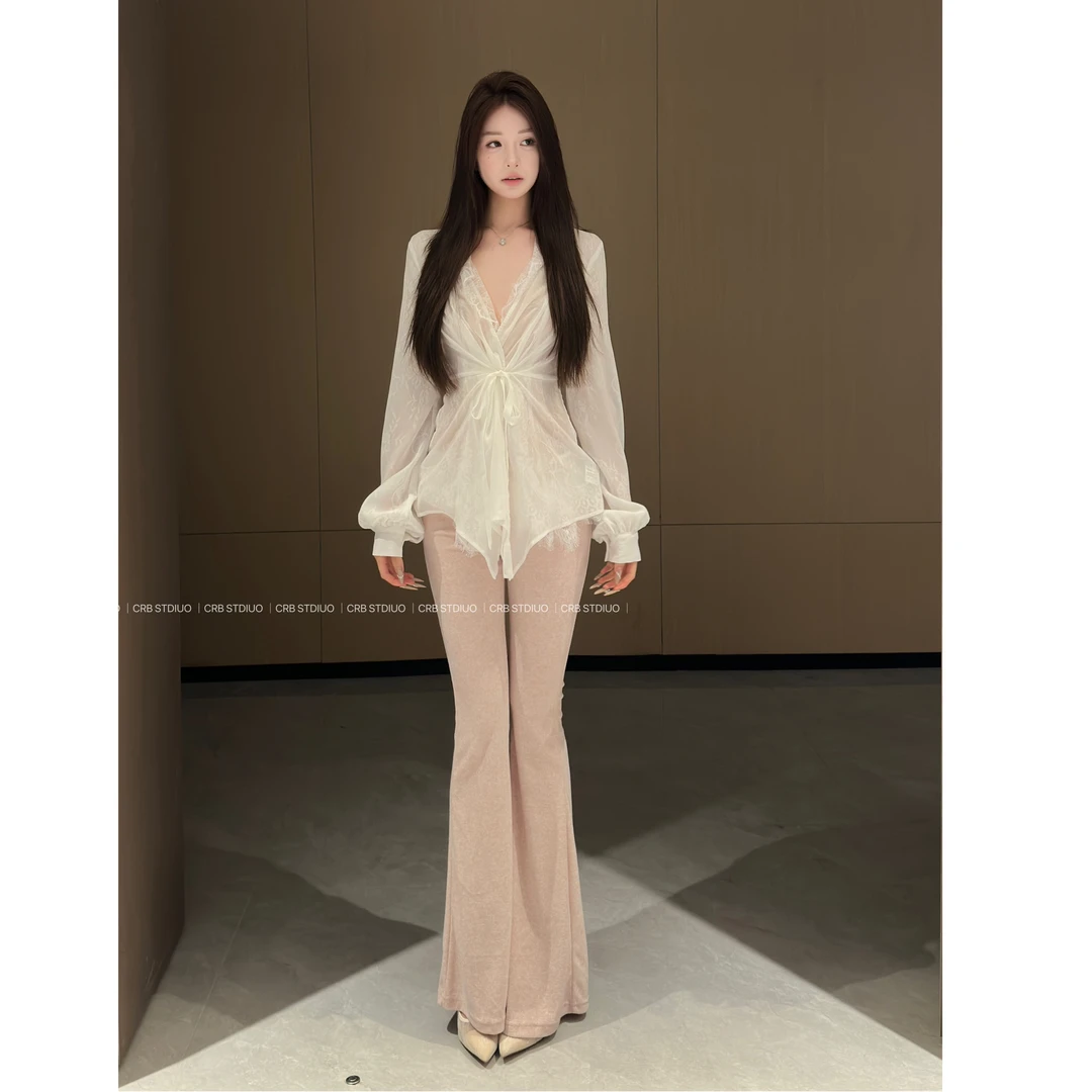 【春日部】氛围感蕾丝衬衫＋新款蕾丝长裤套装0678