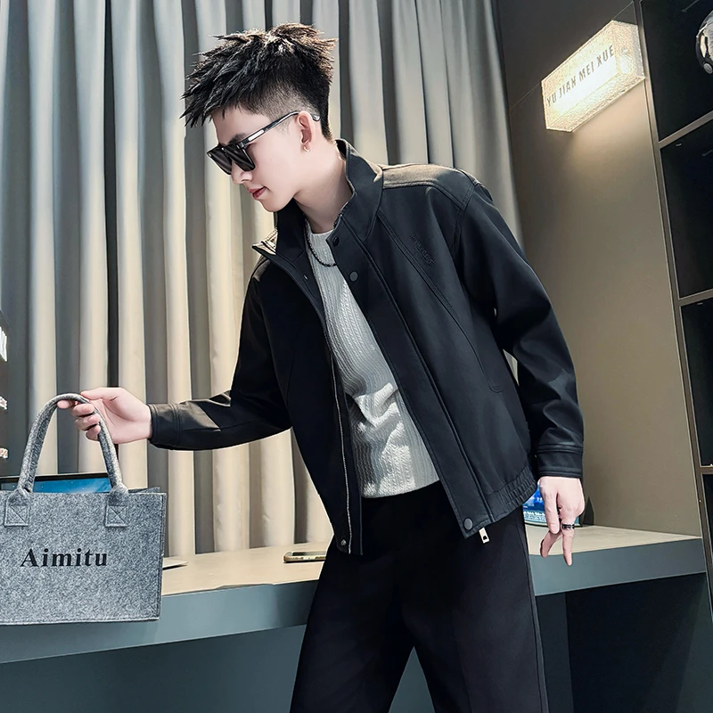 痞帅立领夹克男款秋冬季潮流高级感外套百搭时尚帅气男装机车皮衣