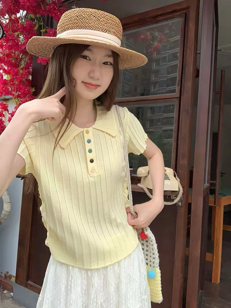 2025夏季新款大码纯色彩虹扣小众设计感针织衫宽松显瘦上衣女G636