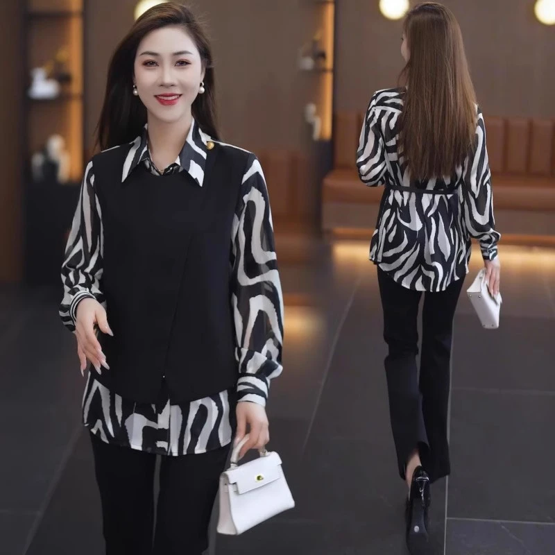 假两件时尚长袖衬衫女士春秋新款洋气收腰衬衣宽松遮肚子百搭上衣