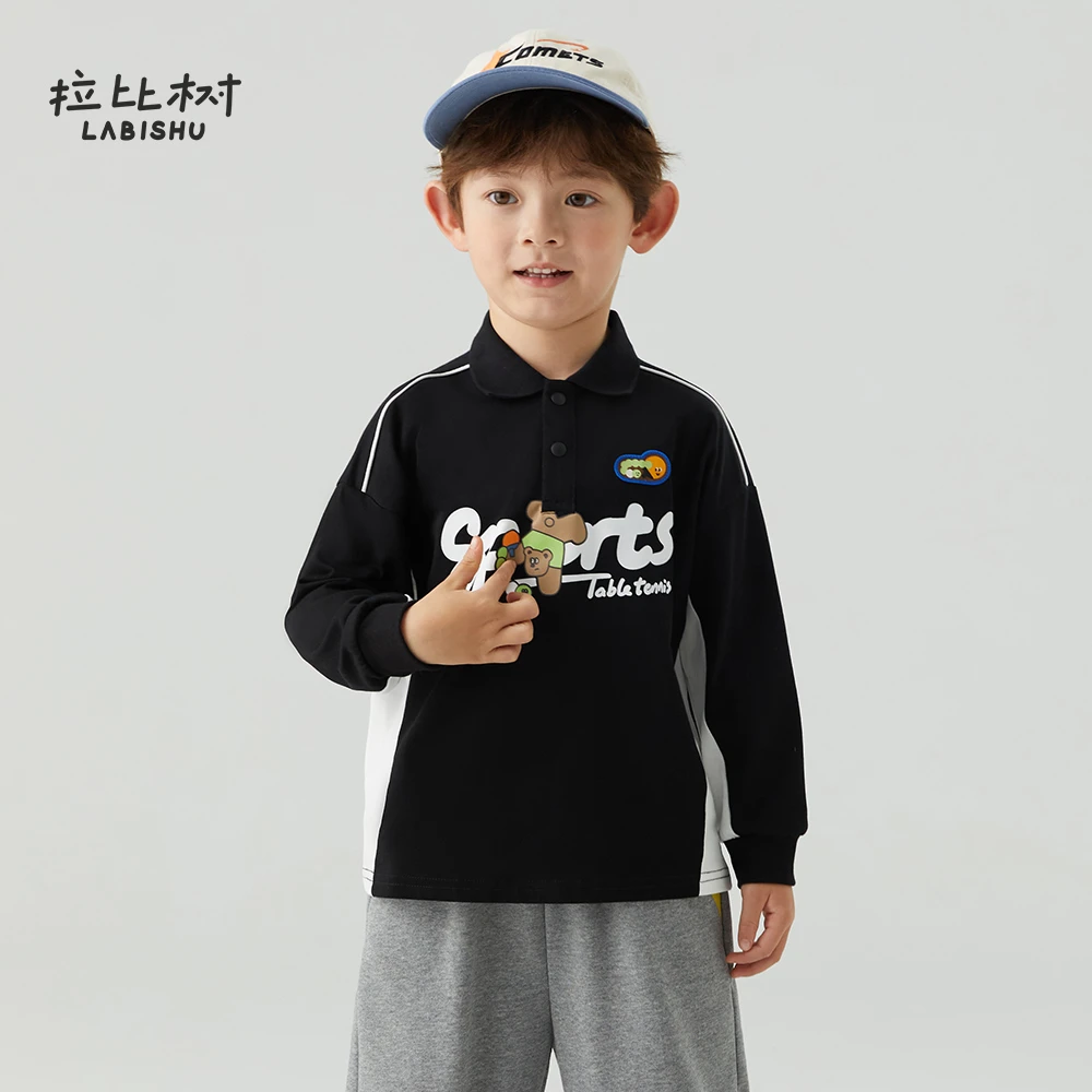 拉比树拼接polo领长袖卫衣儿童男童2025春季宝宝卡通印花百搭卫衣