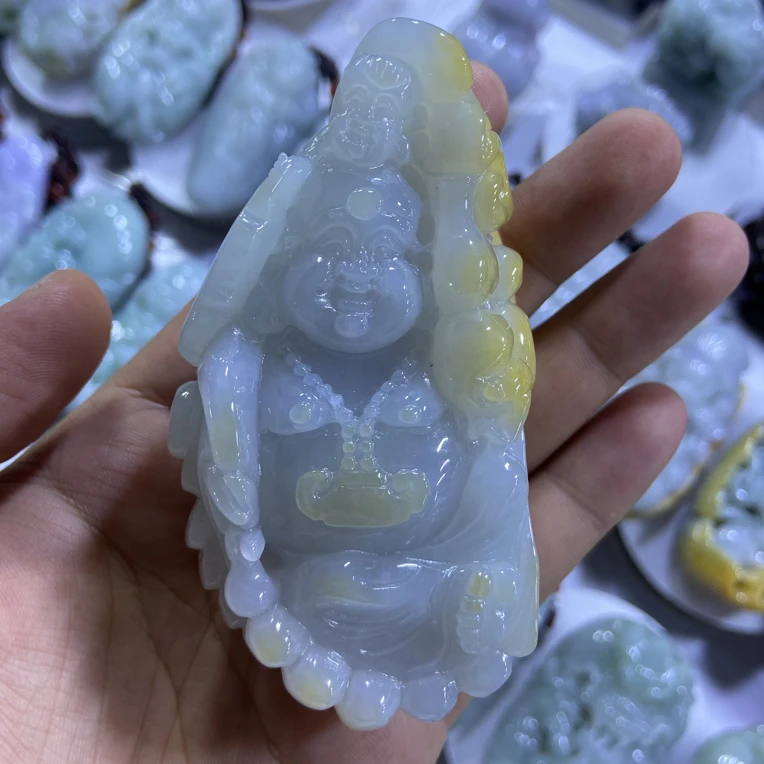 天然缅甸翡翠A货,弥勒佛寓意笑口常开,精工立体黄翡俏色巧雕把件