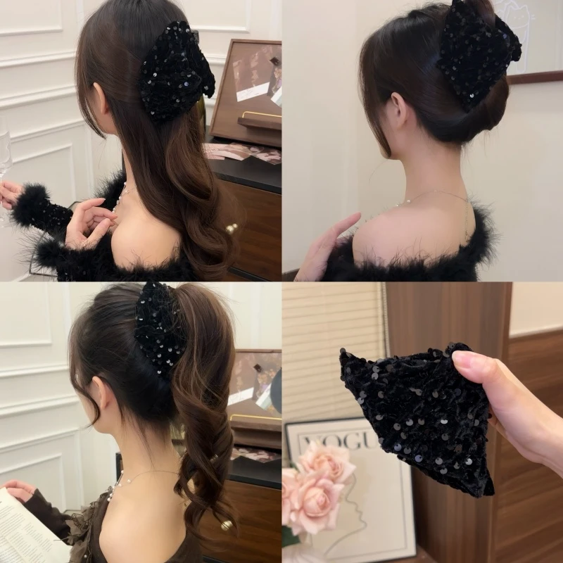 新款丝绒黑色亮片抓夹高级感百搭优雅发夹法式鲨鱼夹马尾夹发饰