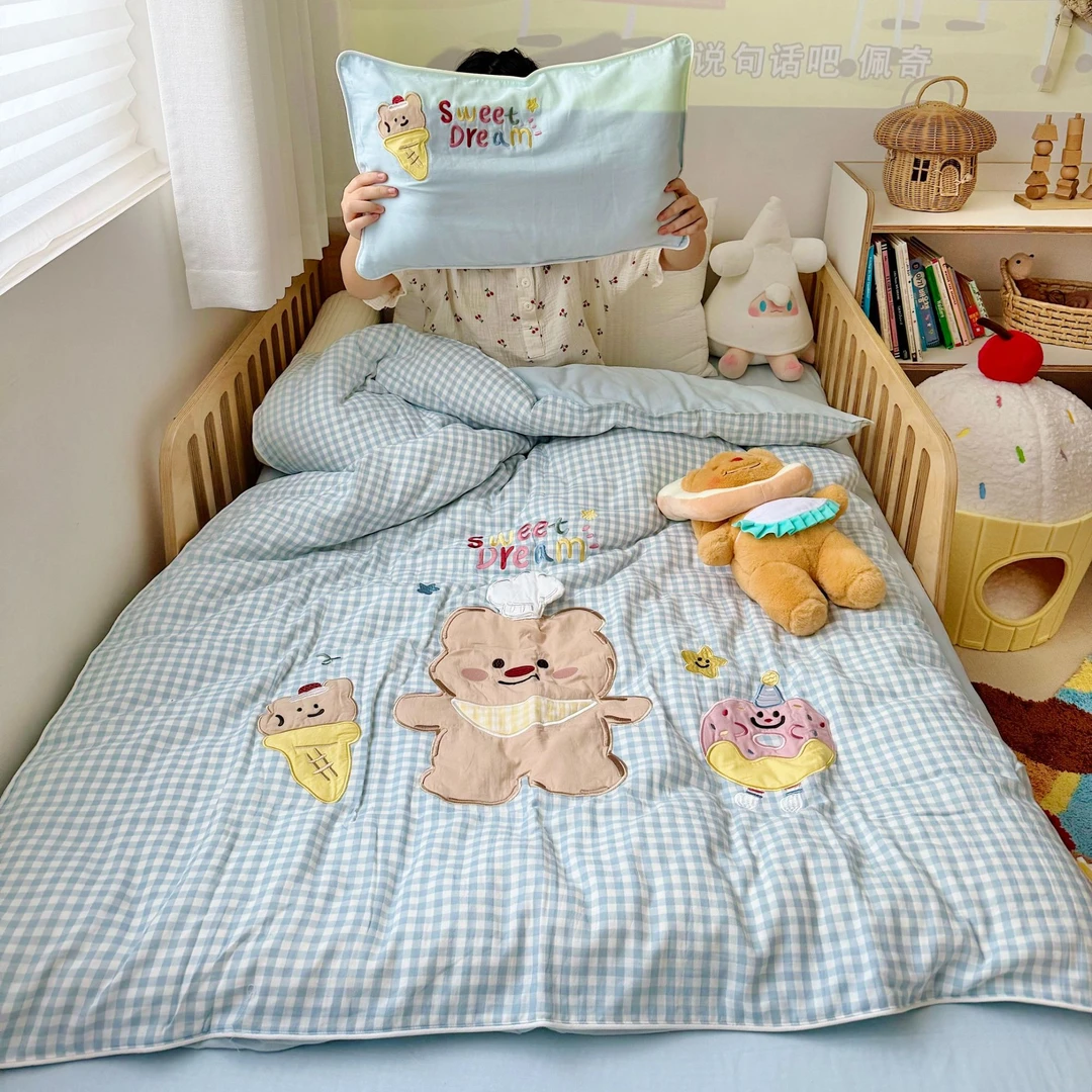 【厚实棉柔很柔软】全棉色织水洗双层纱绣花四件套单人床三件套