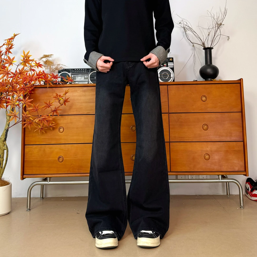 冬季"巴家bootcut”黑色美式复古牛仔裤ins复古直筒裤子男款秋冬款