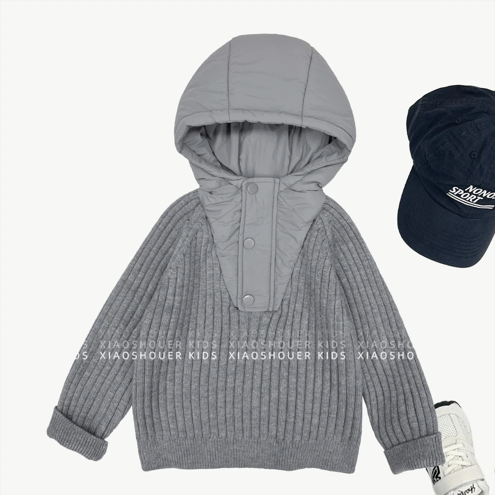 【小首尔】冬装男女童韩版简约纯色套头拼接连帽针织毛衣HBB8314