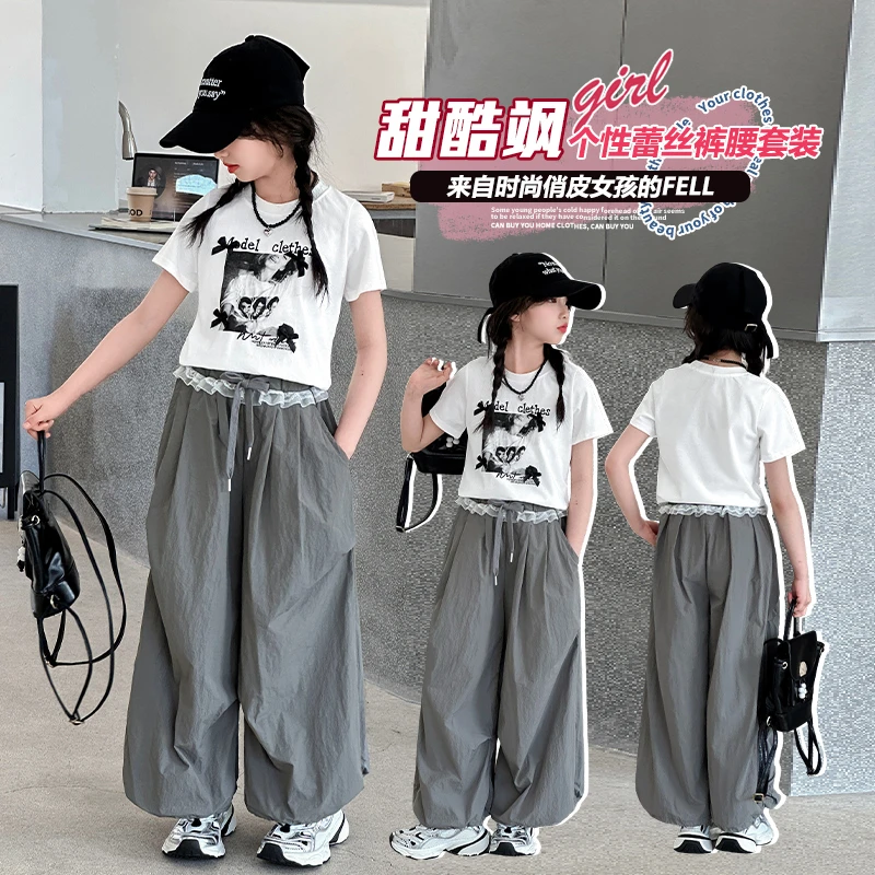 女童夏装2025款中大童洋气时髦蝴蝶结白色短袖蕾丝腰长裤休闲套装