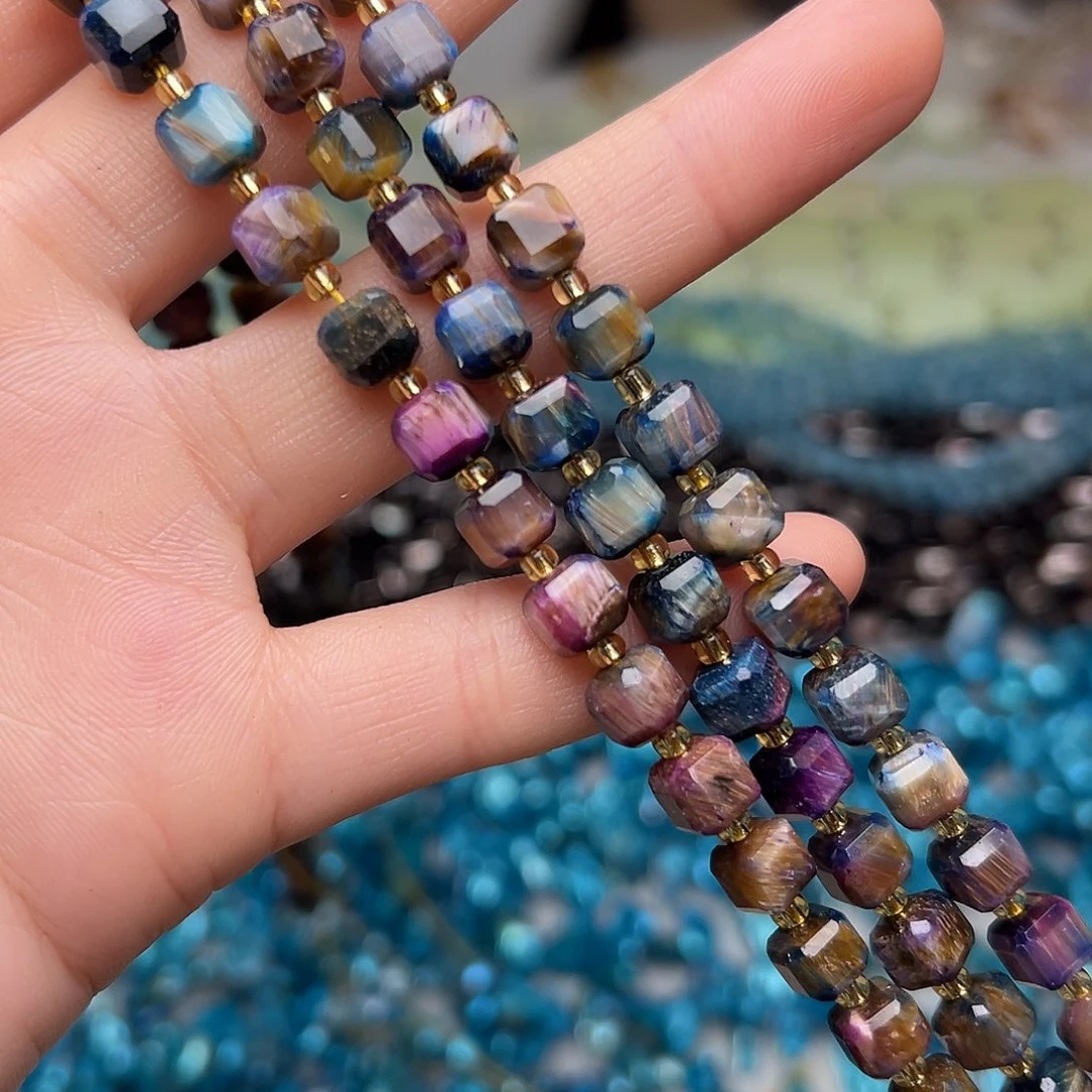 玛瑙/玉髓合金珠宝半成品N08。6.6mm彩色虎眼方糖一条