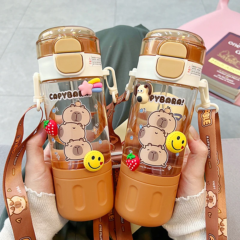 卡皮巴拉儿童水杯男女夏天运动双饮塑料杯学生上学专用吸管随手杯