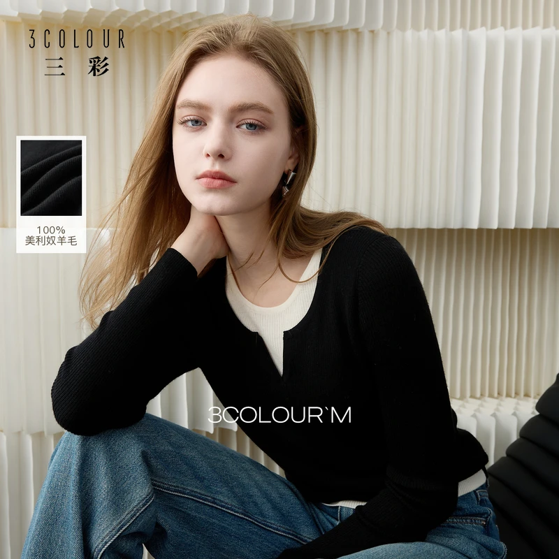 【100绵羊毛】三彩2025冬季新款假两件圆领修身套头针织衫休闲女M