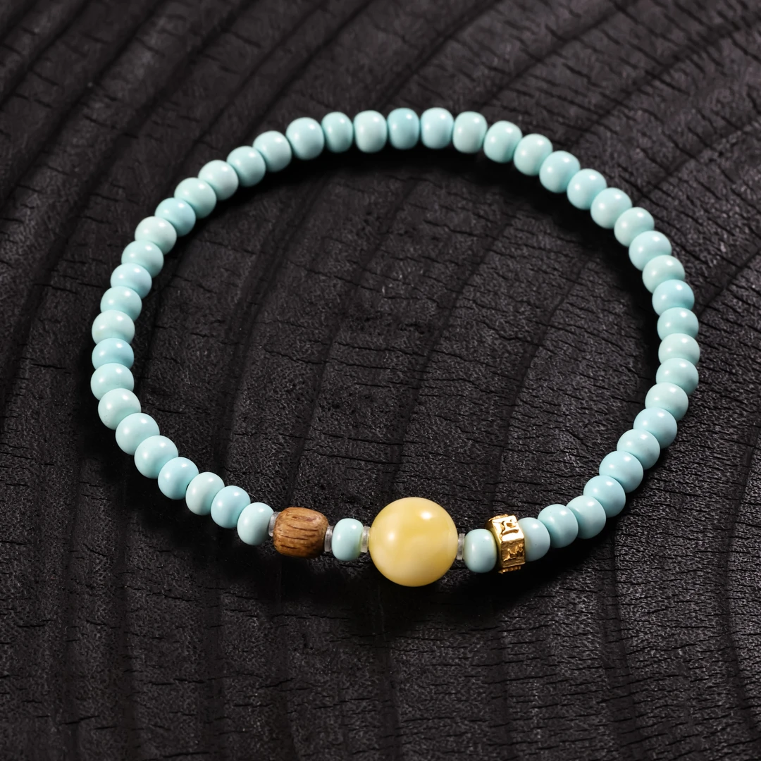 【绿松系列】天然原矿绿松老型白蜡圆珠绿棋楠设计款手串4mm+