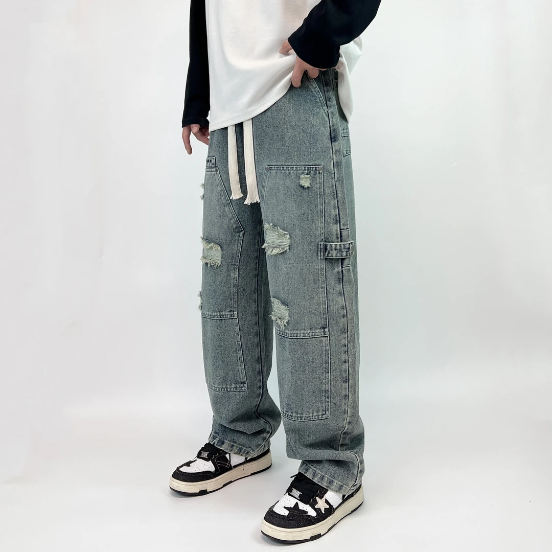 牛仔裤男潮牌春秋季高街嘻哈男生裤子宽松直筒阔腿休闲长裤QH5607