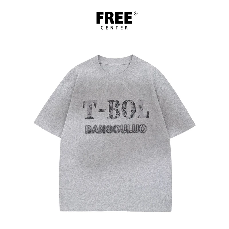 Free Center美式复古水洗做旧字母印花短袖男女宽松显瘦半截袖T恤