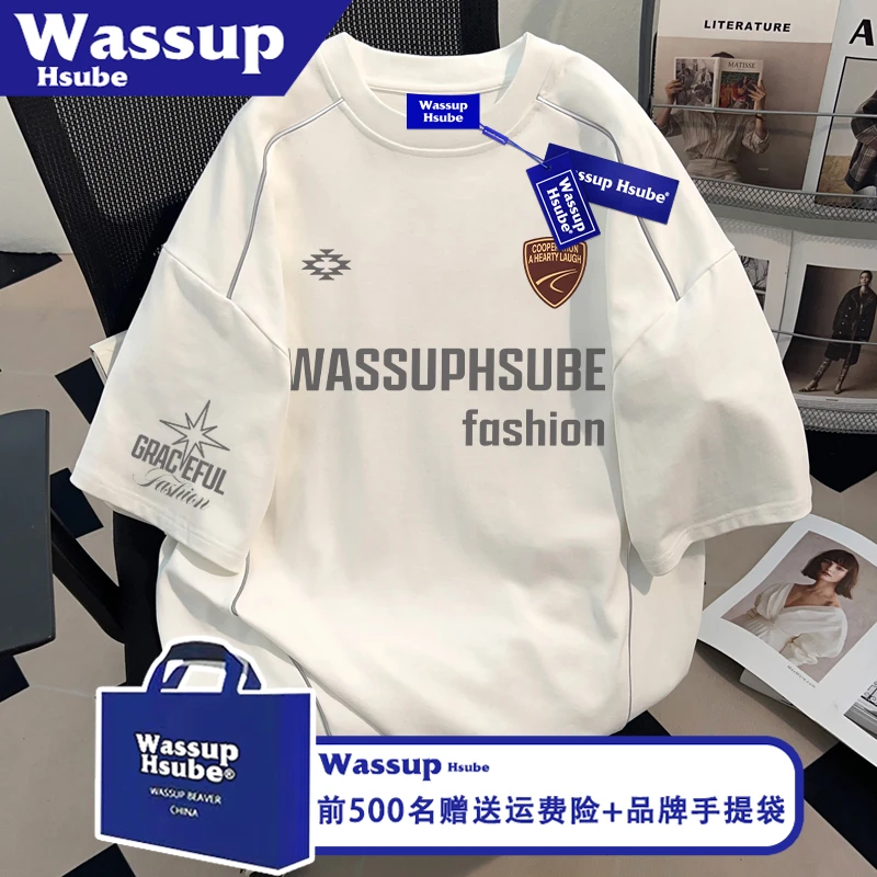 WASSUP HSUBE盾标星芒印花短袖ins100%棉反光夹条半袖夏季男女T恤