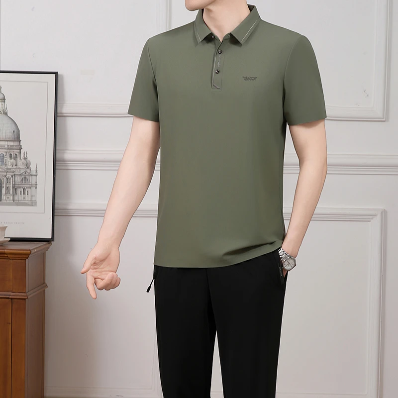 中年男士爸爸夏季套装新款冰丝翻领短袖t恤中老年人休闲运动服男