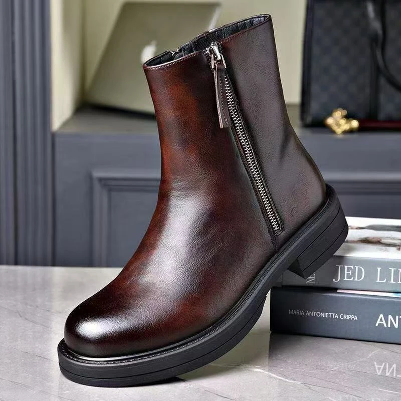 切尔西靴男冬季真皮羊毛一体加绒加厚保暖棉鞋英伦高帮厚底马丁靴