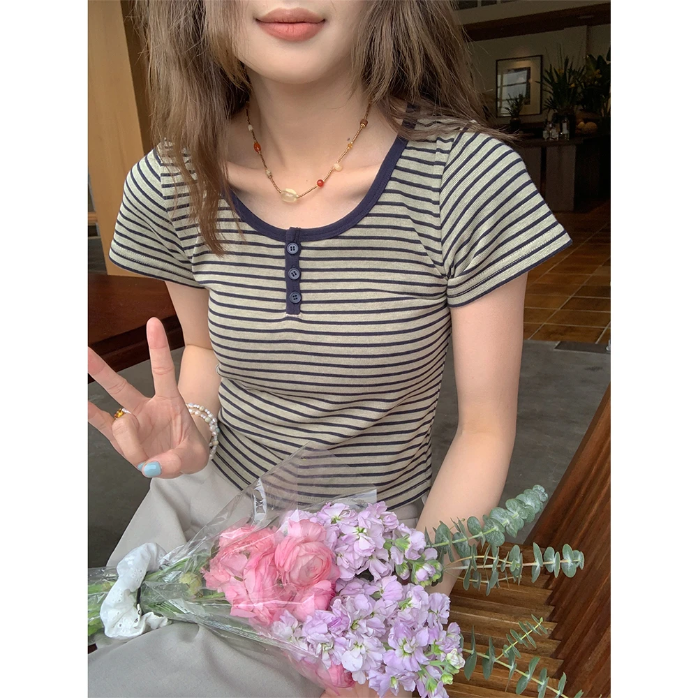 正肩条纹短袖t恤女2025夏季新款半开领修身显瘦小个子短上衣