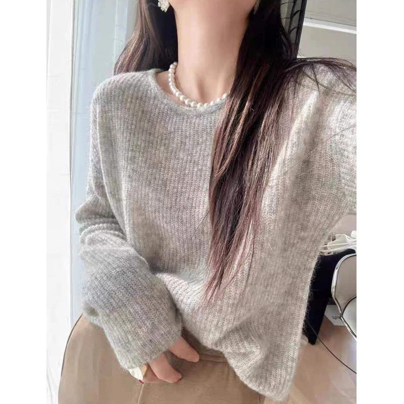 【0浅灰】韩系百搭早春圆领宽松大版慵懒长袖灰色针织镂空套头女