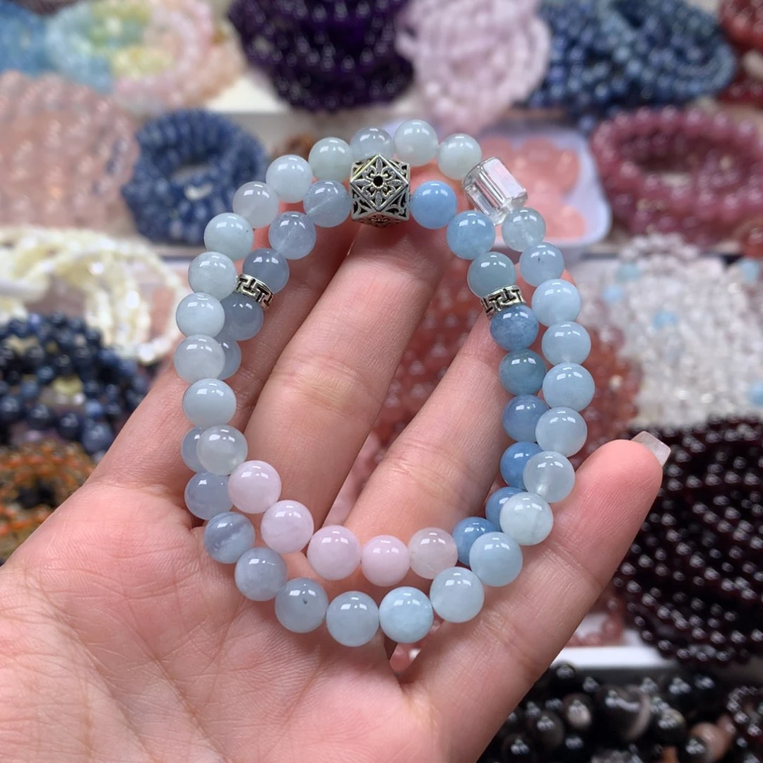 水晶手链未镶嵌海蓝宝摩根渐变粉设计款双圈卡7+