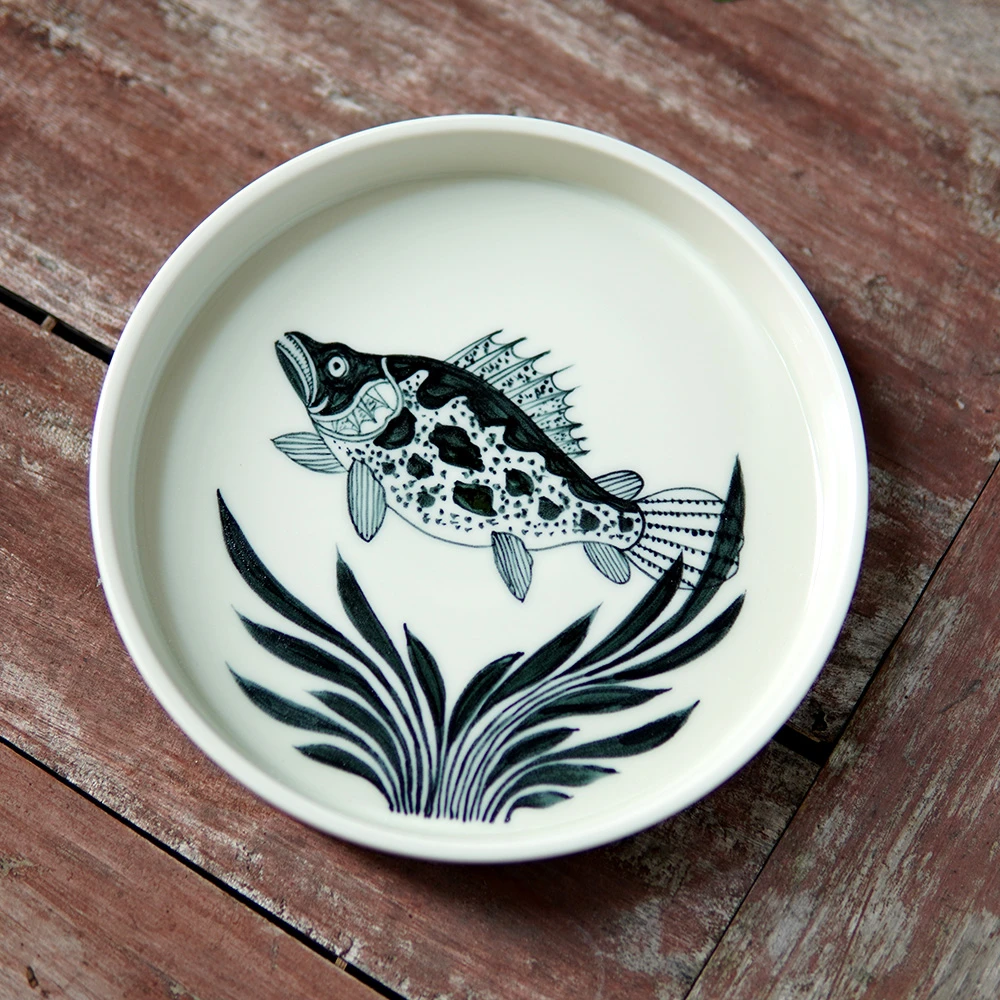 JM028柴窑手工手绘窑口画师2号釉黑金大鳜鱼壶承茶盘-直径17厘米