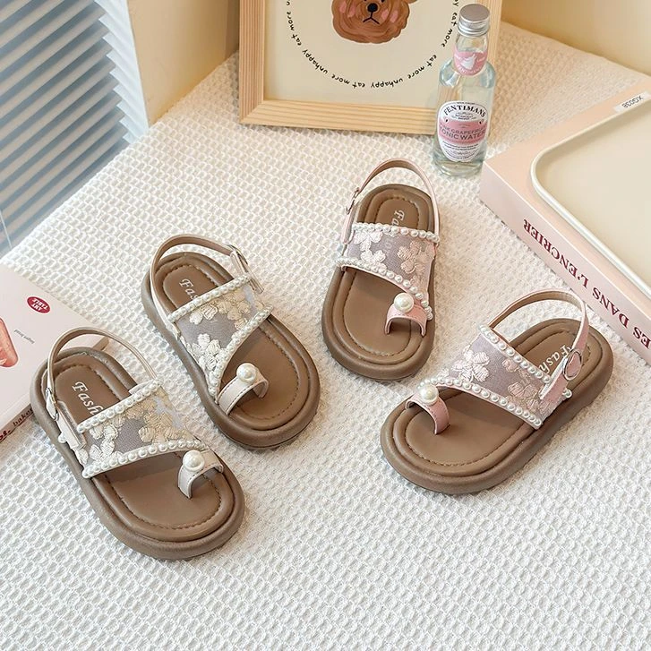 儿童凉鞋25夏季新款童鞋女童蕾丝珍珠公主凉鞋淑女风沙滩凉鞋Q70