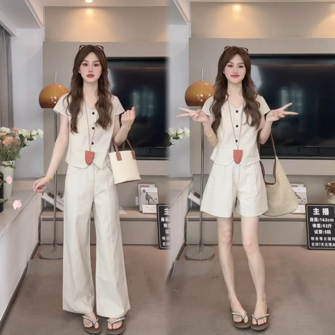 善雅原版/简约通勤套装女夏季3130新款洋气减龄长短阔腿裤两件套