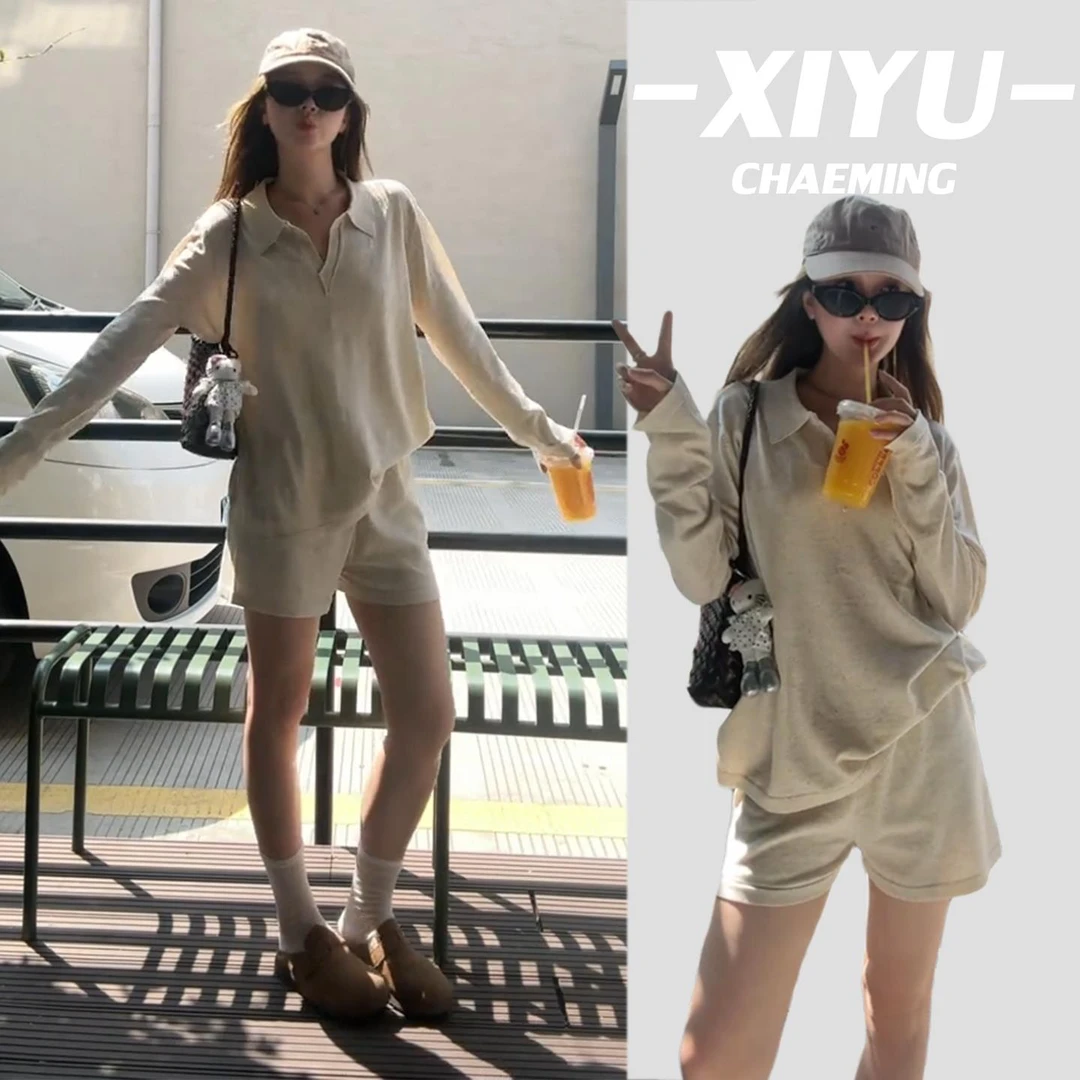 老钱风凉感亚麻轻薄polo衫T恤上衣宽松百搭短裤套装两件套女韩系