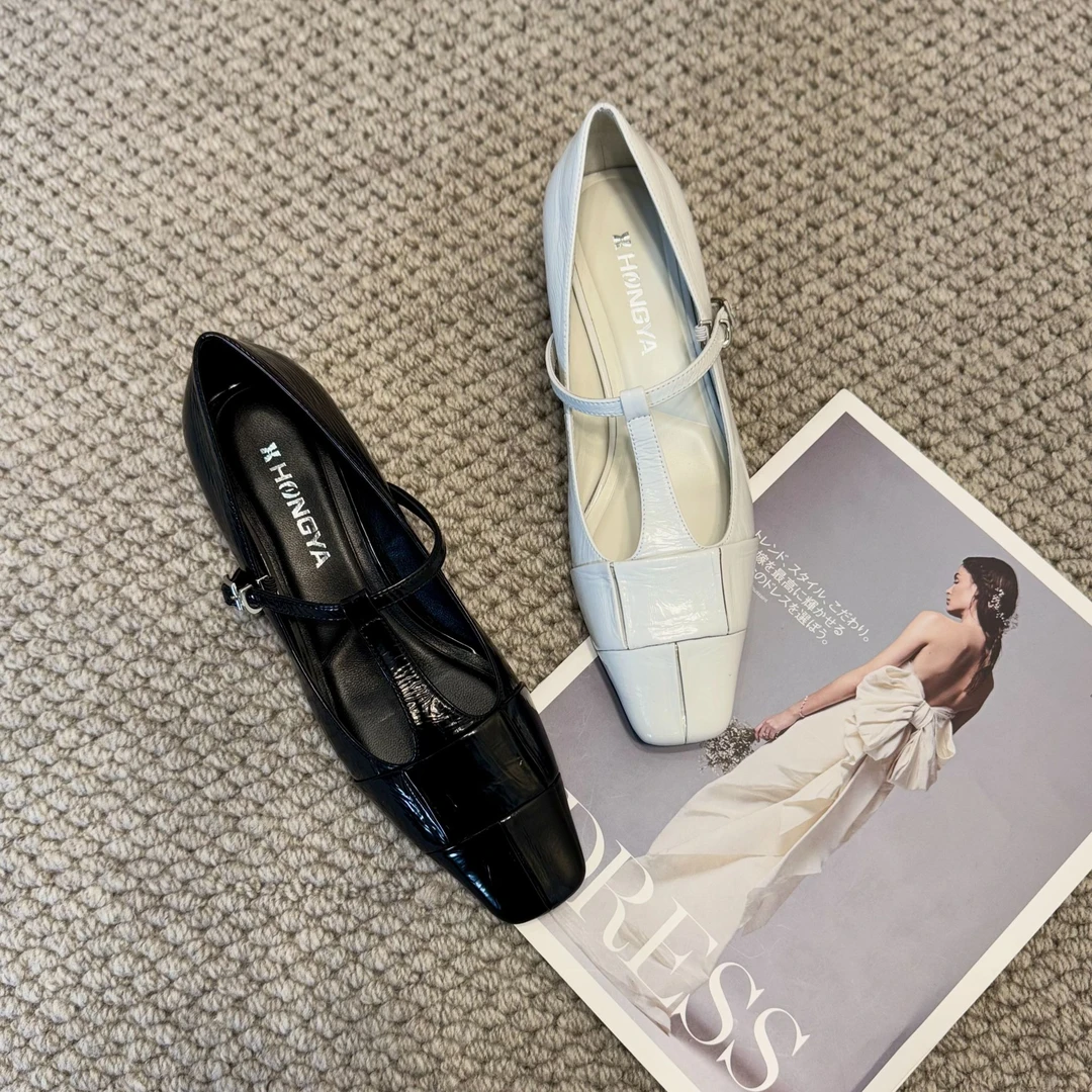 2025新款玛丽珍百搭豆豆单鞋时尚方头低跟粗跟气质皮鞋温柔浅口