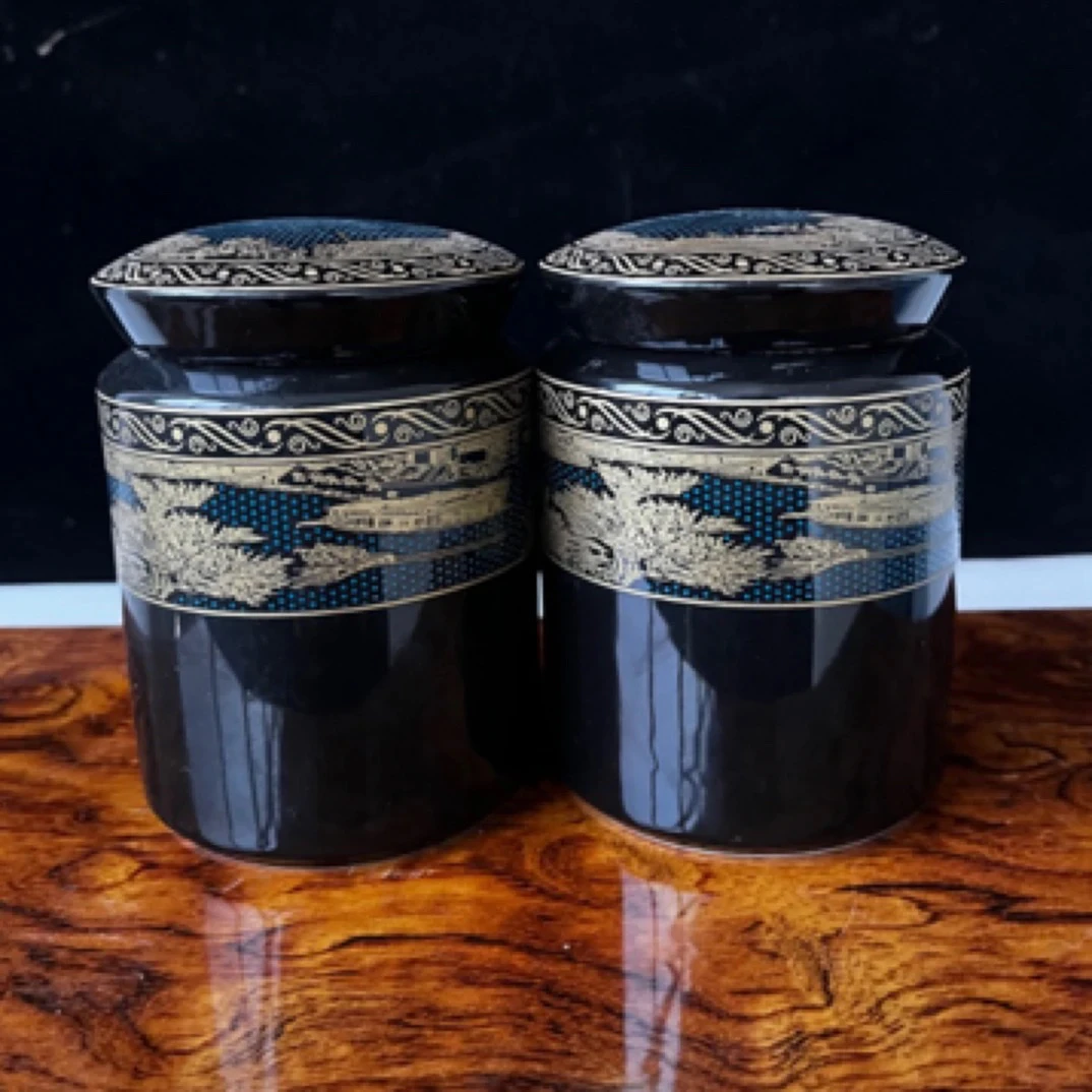 陶瓷茶叶罐黑釉掐金小号直筒储物罐密封罐