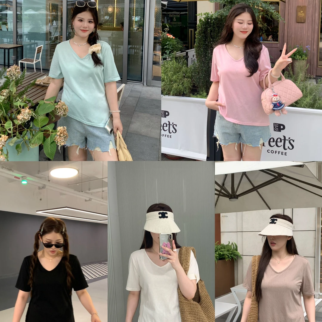 【青】微胖大码MM舒适纯色V领开叉短袖T恤   2906