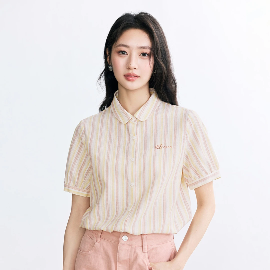 学院风百搭短袖条纹衬衫女2025夏季文艺娃娃领绣花宽松薄衬衣
