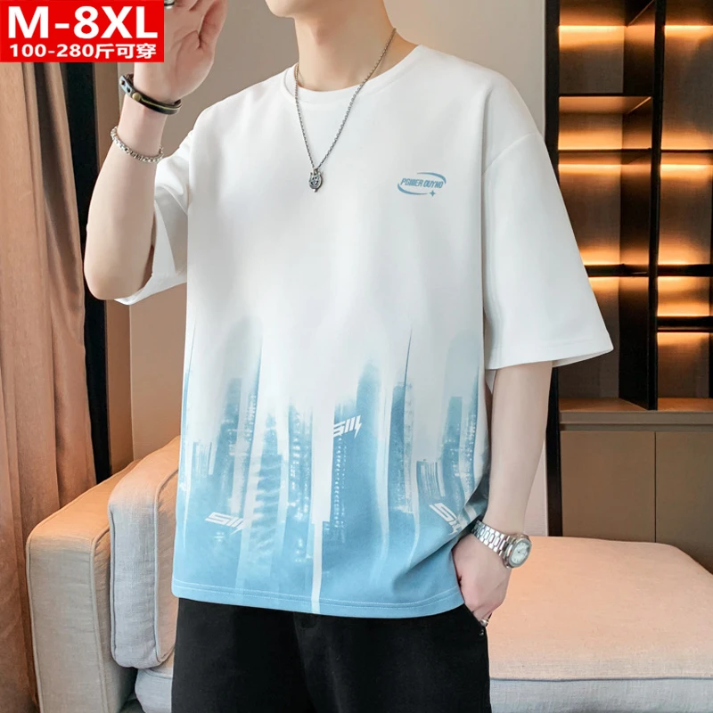 夏季潮流港风男装印花圆领短袖T恤 胖男士加肥加大码宽松休闲体恤