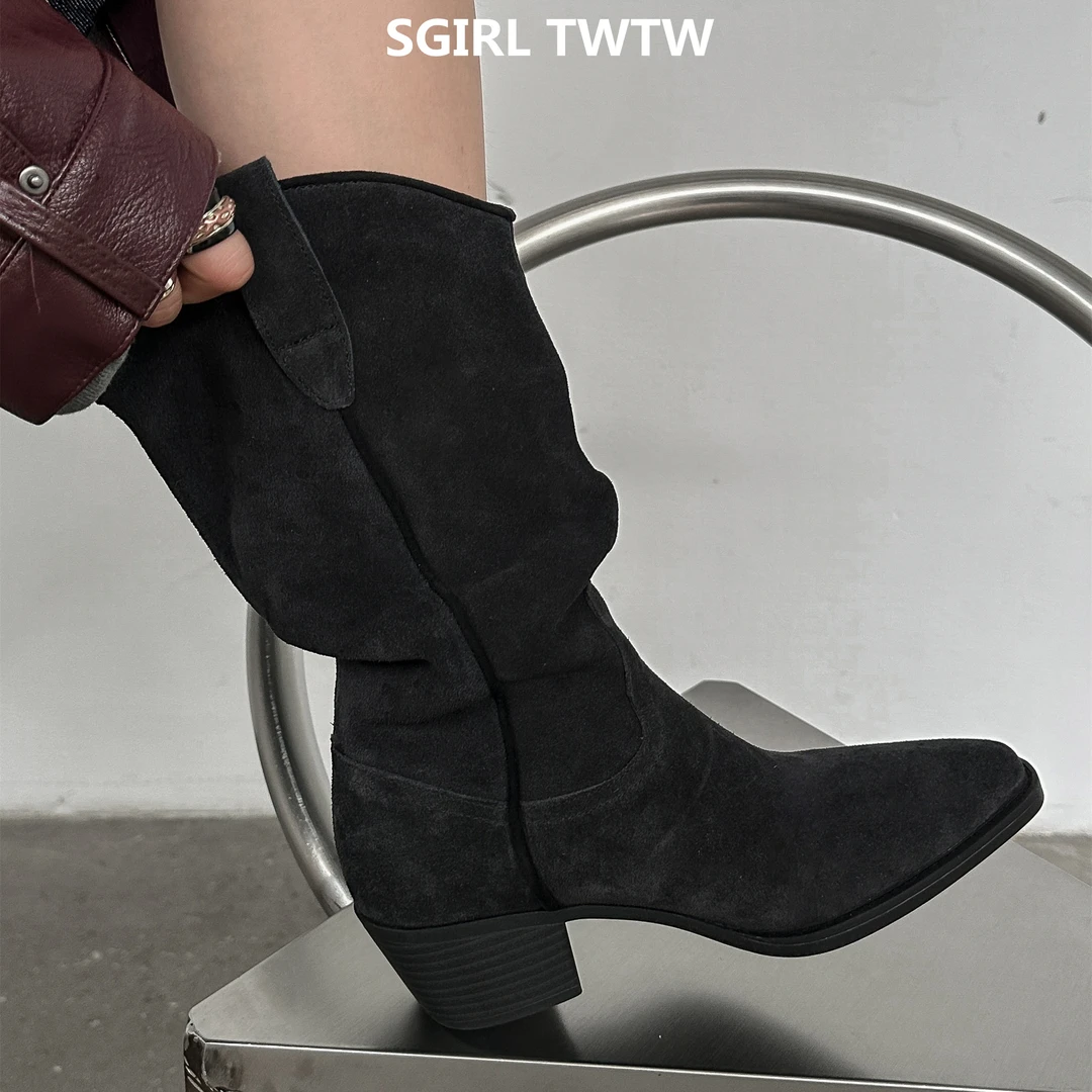 SGIRL TWTW2025年秋季新款真皮粗跟百搭尖头骑士靴低筒短靴子女靴