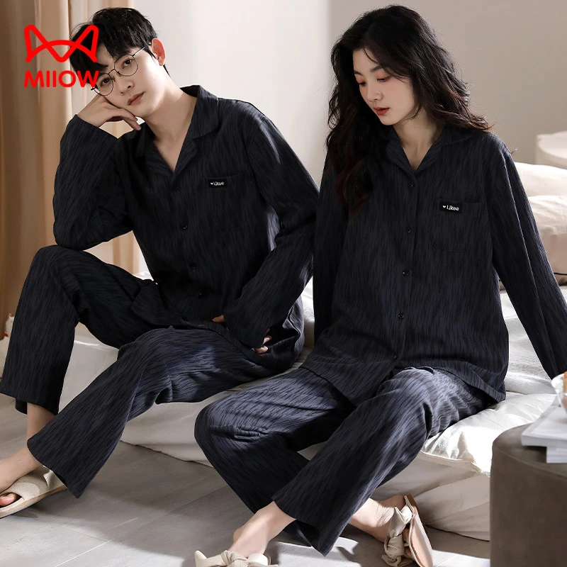 猫人经典2025新款情侣睡衣男女春秋季纯棉长袖开衫翻领高档家居服